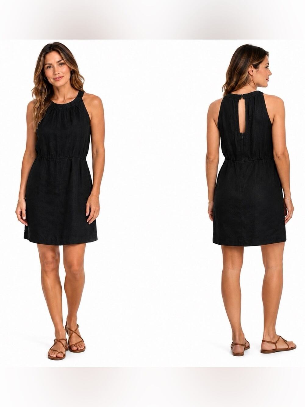 ANN TAYLOR LOFT Black 100% Linen Sleeveless Mini Length Lined High Neck Dress 6
